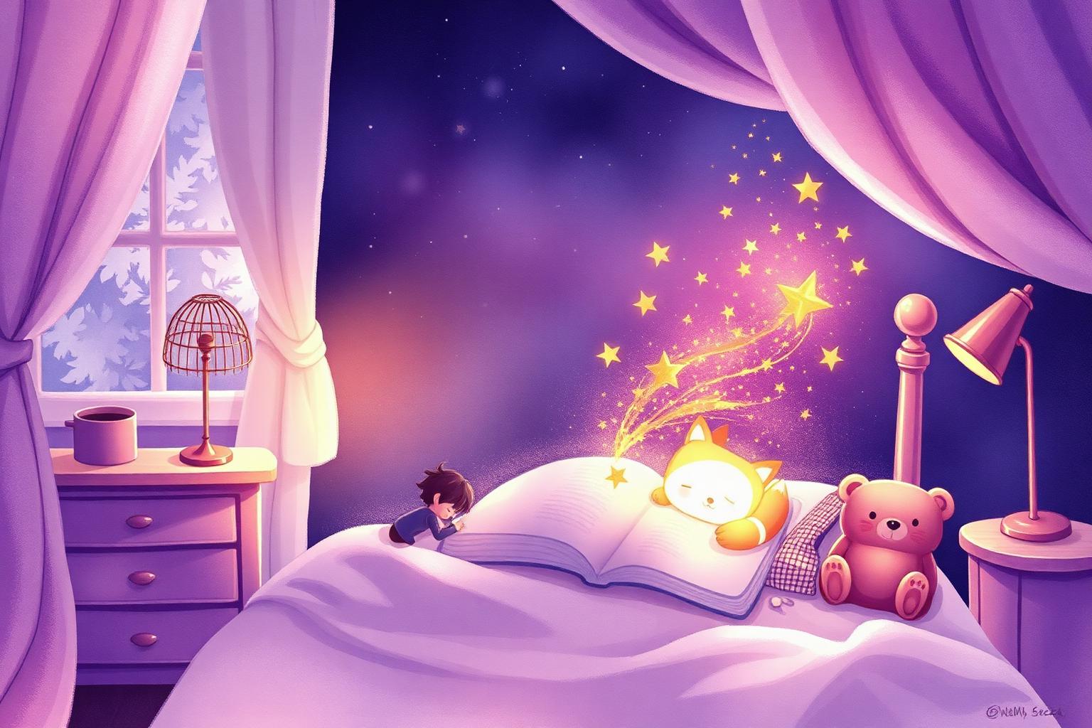 Een open magisch verhaaltjesboek met glinsterende sterren, een knuffelvosje en beertje op een slaapkamerbed in zacht avondlicht