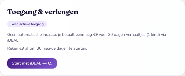 Het blok Toegang & verlengen in Instellingen met de knop Start met iDEAL — €9