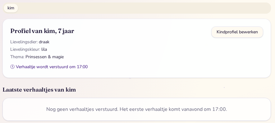 Mijn verhalen met een tabje per kind, het profiel van het kind en het tijdstip van bezorging om 17:00