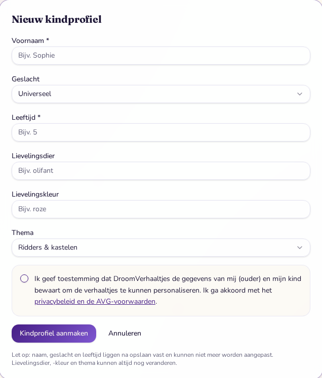 Het formulier Nieuw kindprofiel met voornaam, geslacht, leeftijd, lievelingsdier, lievelingskleur, thema en het verplichte privacyvinkje