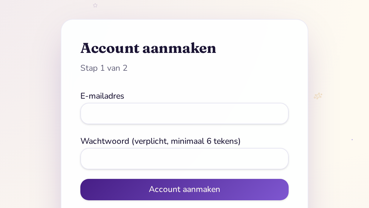 Het aanmeldformulier van DroomVerhaaltjes met e-mailadres en wachtwoord