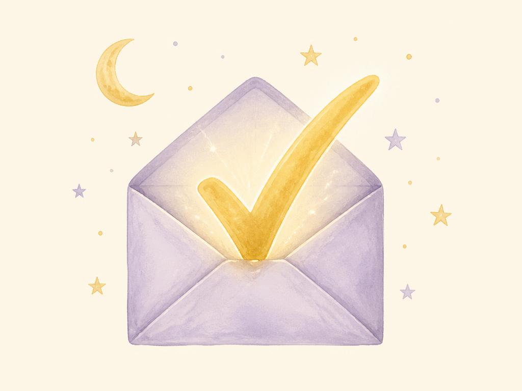 Illustratie van een envelop met een gouden vinkje: de welkomstmail