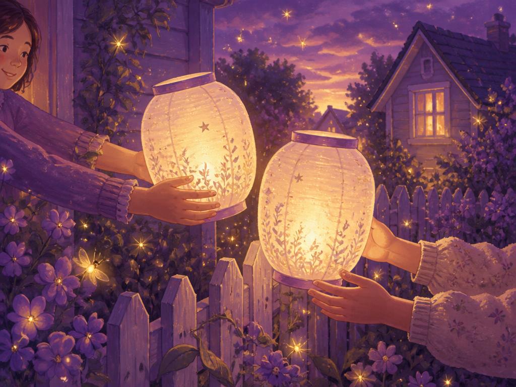 Twee handen geven een gloeiende lampion aan elkaar over een tuinhek